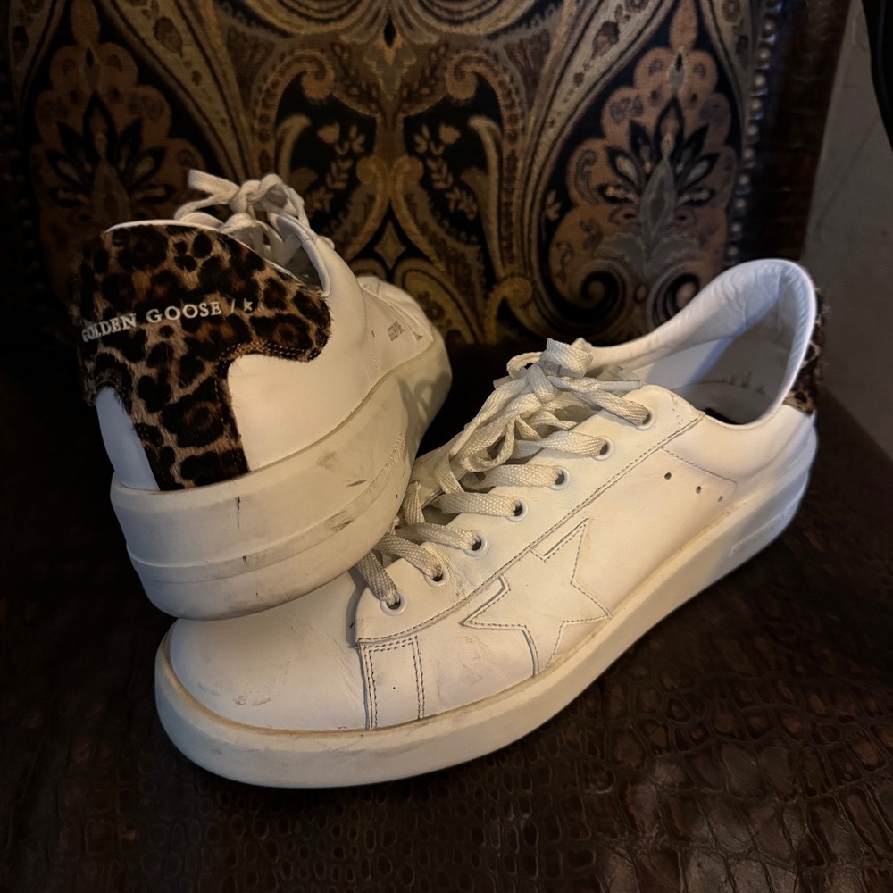Golden Goose PureStar, Mens 13, White with Leopard Print